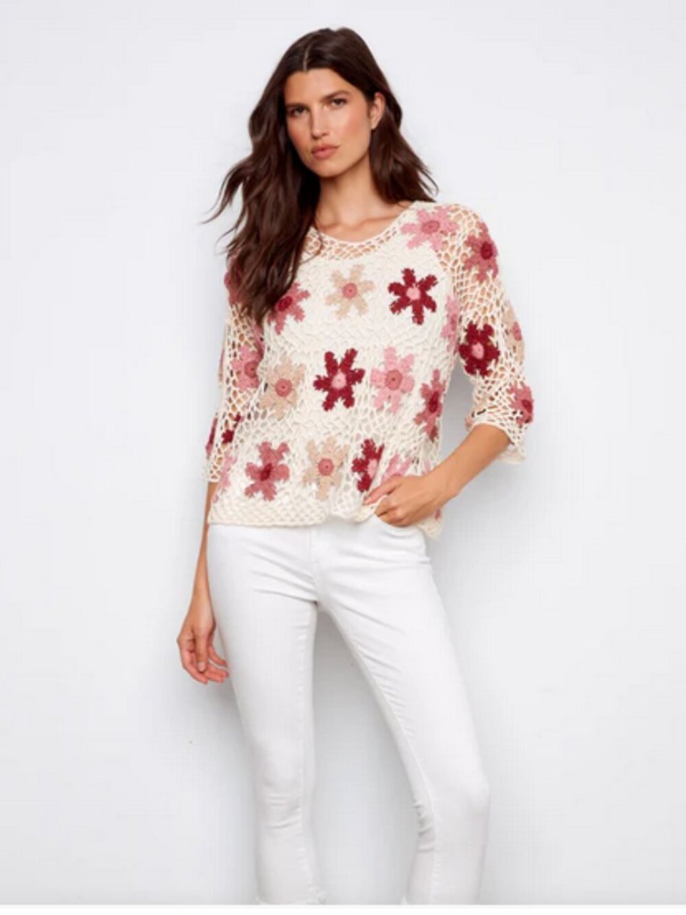Charlie B Hand-Crochet Open Weave Sweater With Floral Appliques - Size S (NWT)